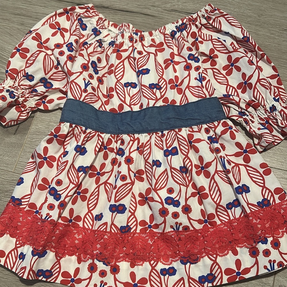 Matilda Jane White Top with Red Floral Print and Blue Waistband